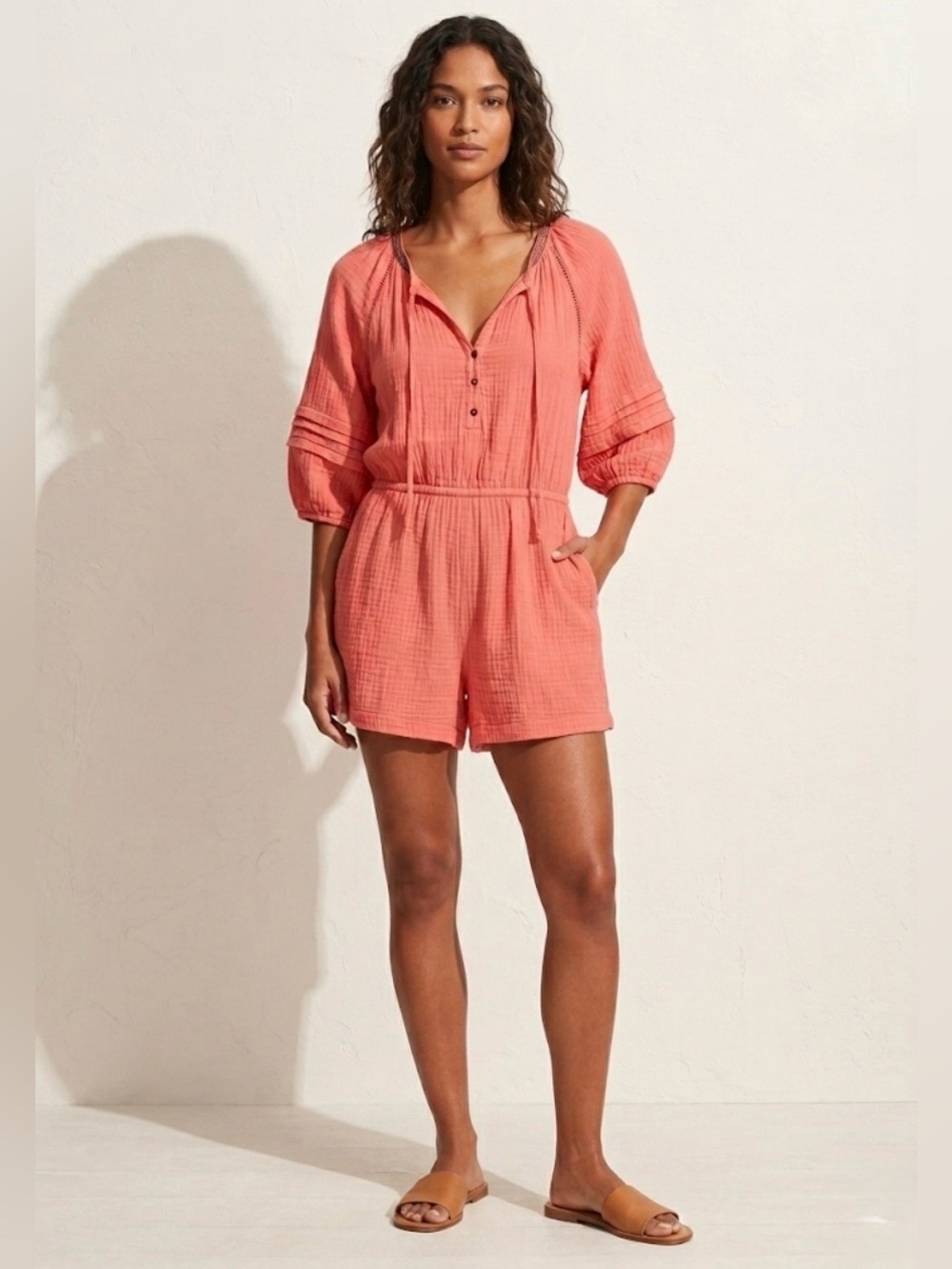 Knox Rose Coral Gauze Romper - Women's Large - Boho Summer Essential